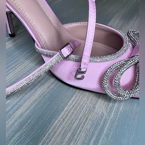 Pointed Toe Crystal Bows Satin Backless Ankle Straps Buckle Stiletto Pumps EU 41 - Picture 9 of 10